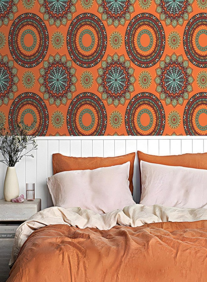 LACHEERY Burnt Orange Boho Wallpaper Peel and Stick Vintage Boho Teal Orange Geometric Circle Wallpaper Stick and Peel Waterproof Contact Paper for Walls Cabinets Self Adhesive Wall Paper 17.5"x80" - Image 2