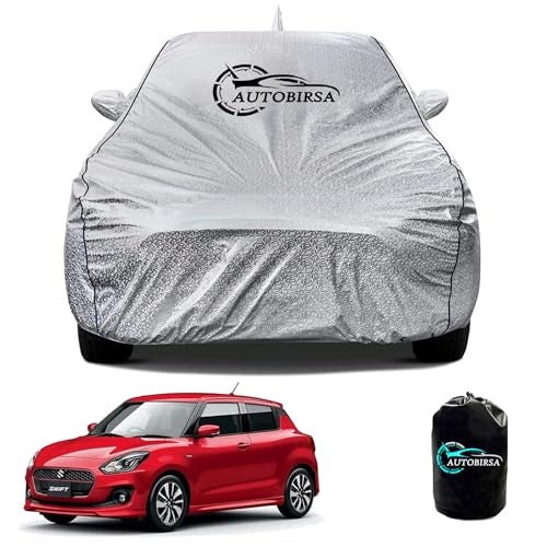 AUTOBIRSA Waterproof Car Body Cover for Maruti New Swift with Mirror and Antenna Pocket and Soft Cotton Lining (4 Side Elastic Triple Stitched & Metallic Silver with Black Piping Style) - Image 1