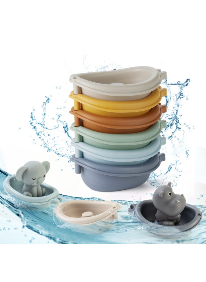 Generic - Children's Bathroom Stackable Floating Boat Toy Infant Bathing And Baby Bathing And Bathing Water Stackable Boat Animal Finger Cover Toy-Colour:3 Boats + 3 Animals (elephant + Monkey + Fox) In Color Box - Image 1