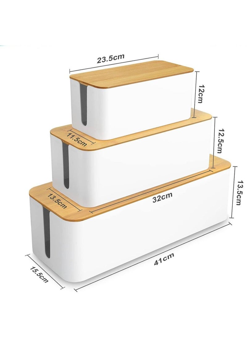 Y&D - Cable Management Box With Bamboo Lid Set Of 3 Cable Management Set Large & Medium & Small Wooden Grain Cable Organizer Box Side Grooving High Utility - Image 1