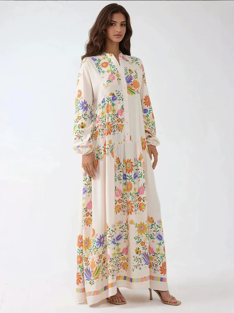 HICCUP Ivory Natural Printed V-Neck Maxi Dress with Button Detail for Women | Best Price UAE