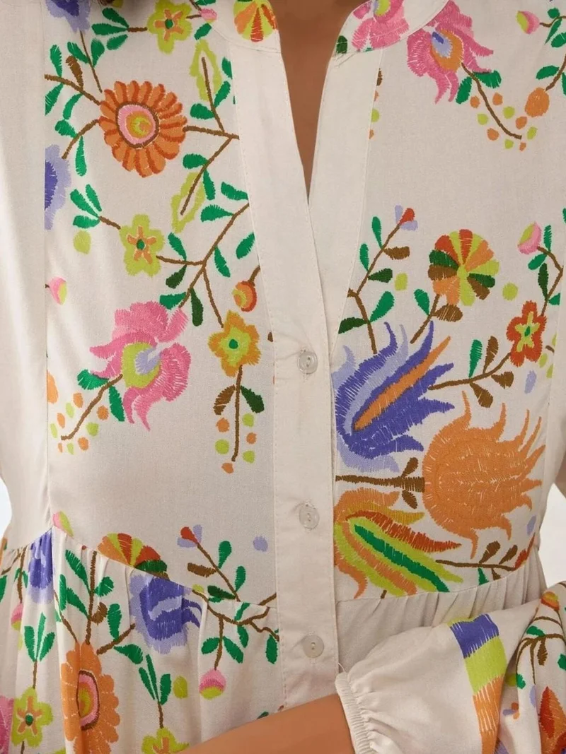 HICCUP Ivory Natural Printed V-Neck Maxi Dress with Button Detail for Women | Best Price UAE