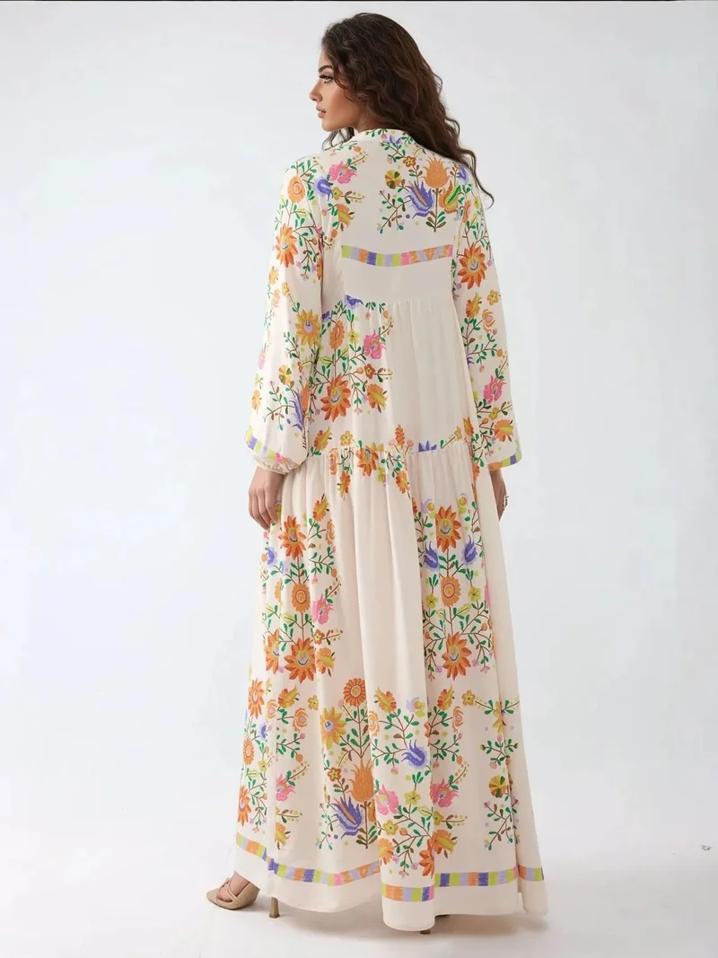 HICCUP Ivory Natural Printed V-Neck Maxi Dress with Button Detail for Women | Best Price UAE