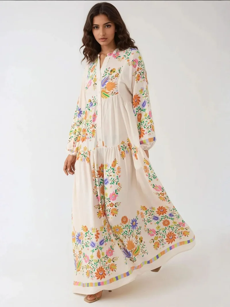 زوبعة فستان ماكسي مطبوع بياقة على شكل حرف  وتفاصيل أزرار