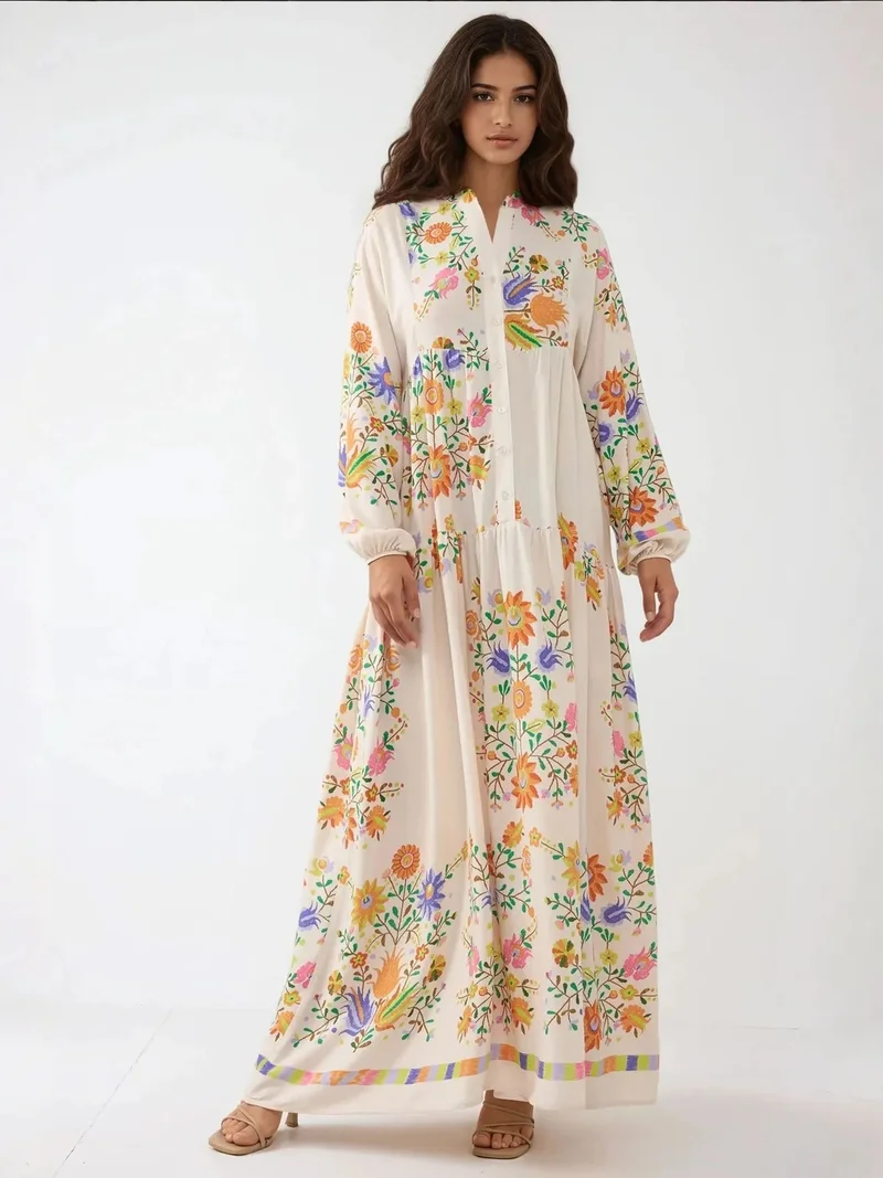 HICCUP Ivory Natural Printed V-Neck Maxi Dress with Button Detail for Women | Best Price UAE