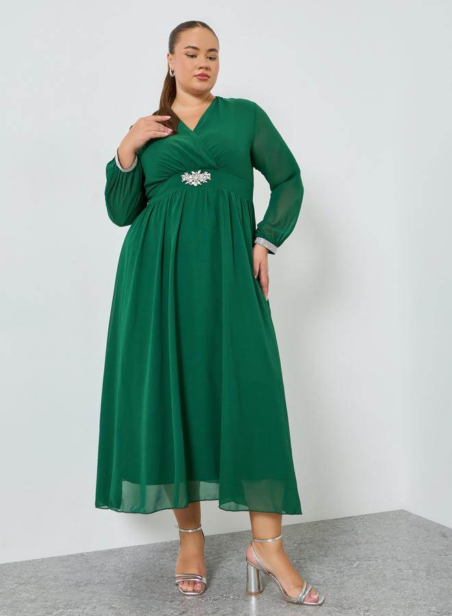 Styli Plus Size Green Long Sleeves A-Line Maxi Dress - Image 3