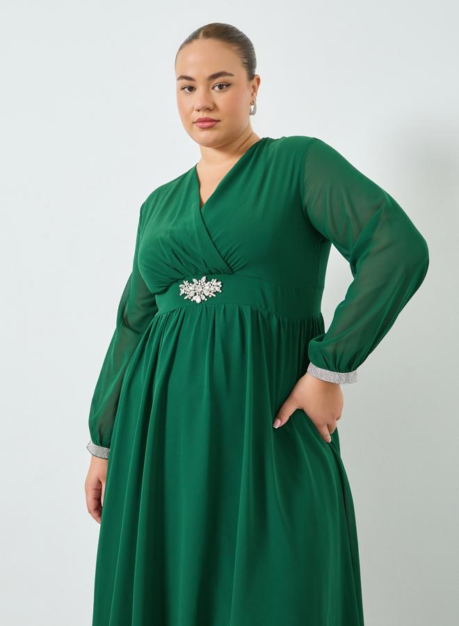 Styli Plus Size Green Long Sleeves A-Line Maxi Dress - Image 2