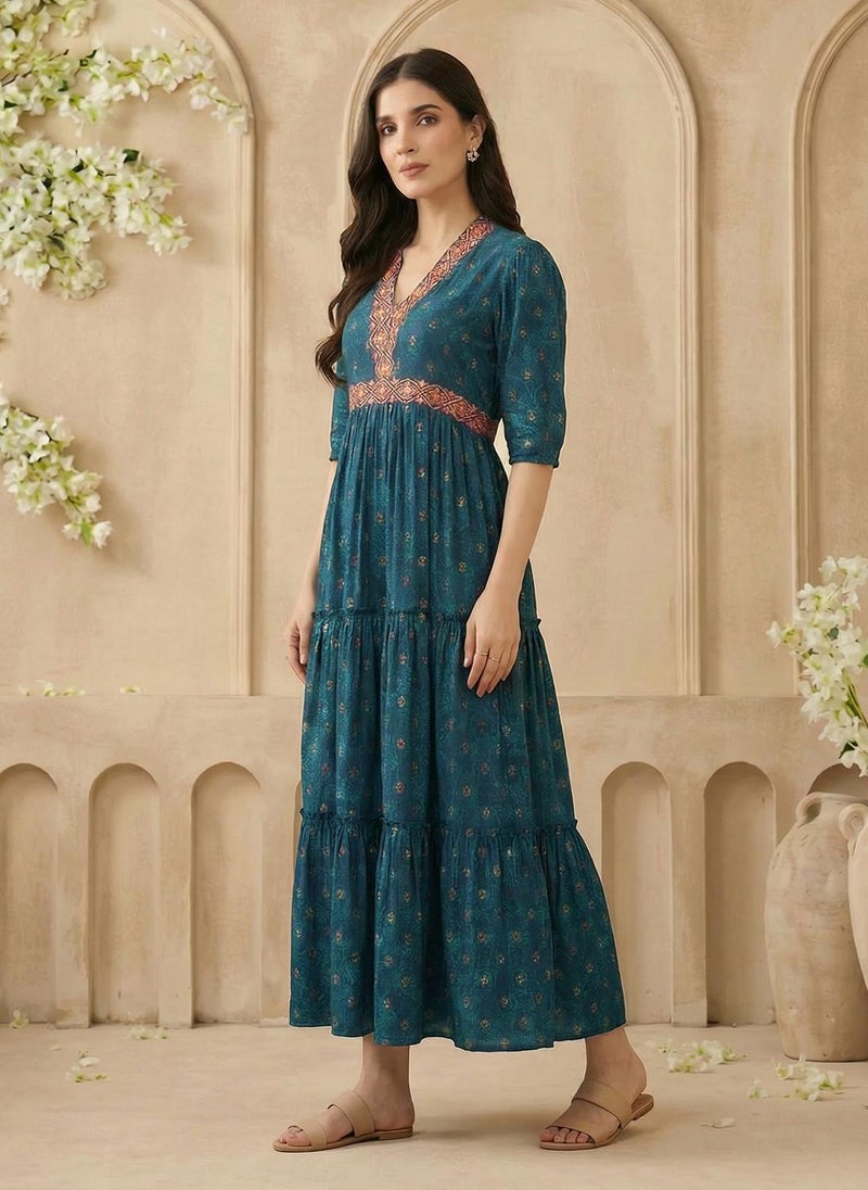 Globus Women's Teal Floral Tiered Midi Dress with V Neck and Puff Sleeves - Image 3