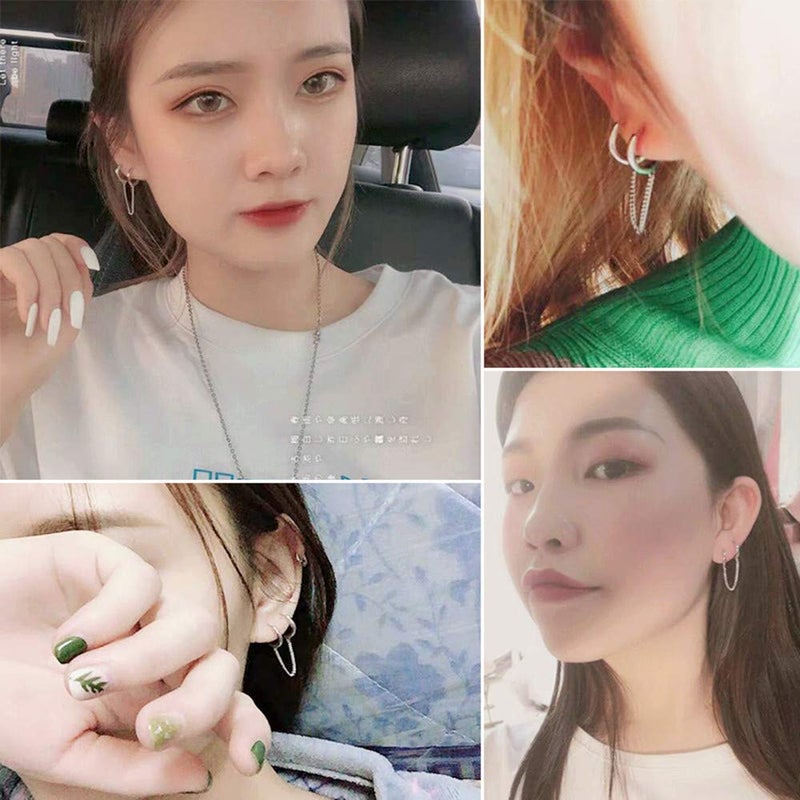 Dtja Pair Double Hoop Earrings for Women 925 Sterling Silver Small Huggie Dangle Slave Chain Drop Second Hole Helix Post Multiple Studs Lobe Piercing Cuff Cartilage Men Personalized Jewelry Goth Punk - Image 2