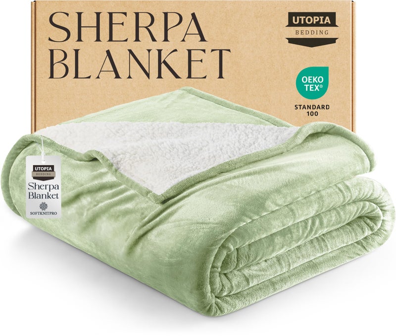 Utopia Bedding Sherpa Blanket King Size Sage Green 90x102 Inches  Soft Lightweight Plush Fleece Reversible Blanket for Bed Sofa Couch Camping and Travel
