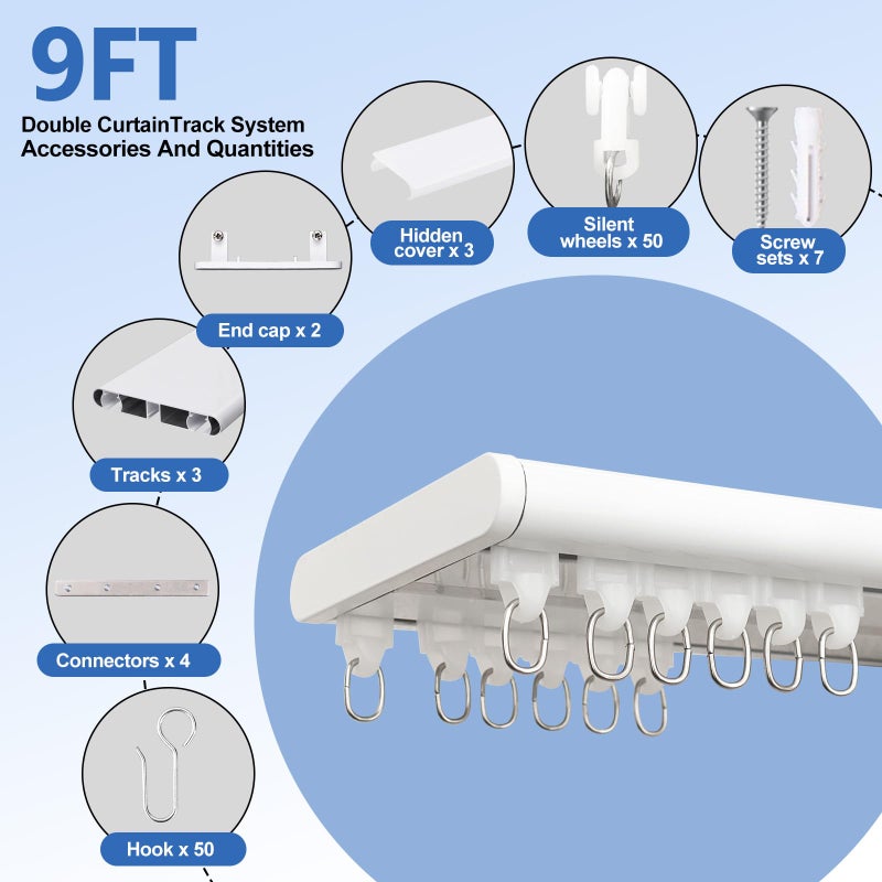 Cbsroro Double Row Ceiling Curtain Track, Silent Heavy Aluminum Duty Curtain Track System, Sliding Curtain Rails for Curtains, Room Divider Track for Bedroom Living Room Ofiice Hotel, White, 9FT - Image 5