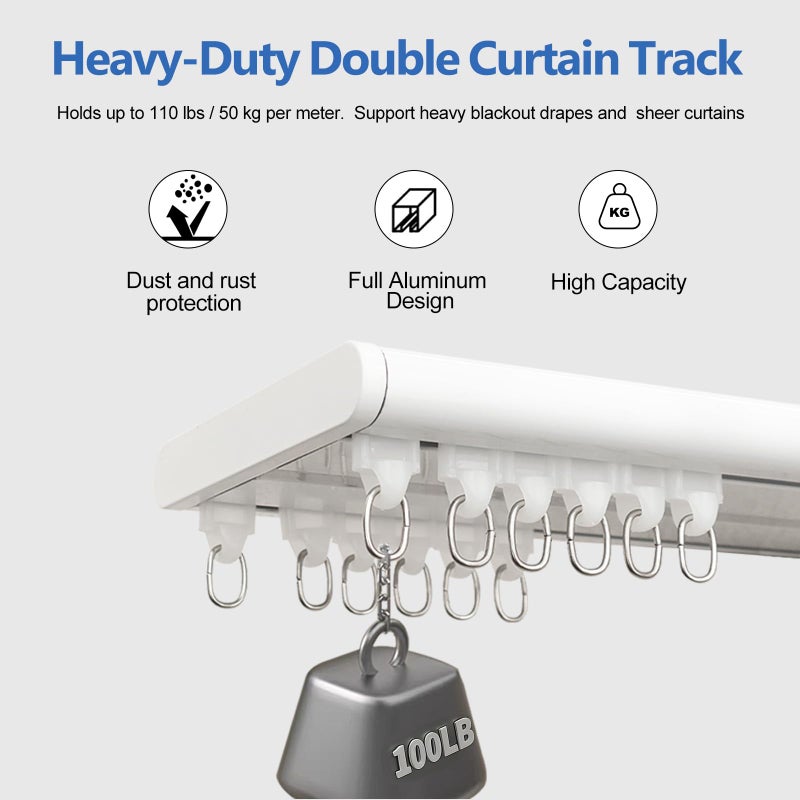 Cbsroro Double Row Ceiling Curtain Track, Silent Heavy Aluminum Duty Curtain Track System, Sliding Curtain Rails for Curtains, Room Divider Track for Bedroom Living Room Ofiice Hotel, White, 9FT - Image 3