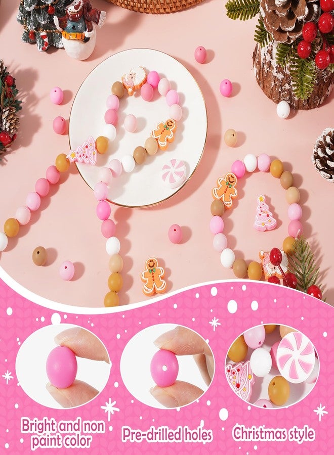 Whaline 112 Pcs Christmas Silicone Beads Xmas Pink Loose Beads Bulk for DIY Pen Bracelet Necklace Crafts Winter Holiday Party Decor - Image 3