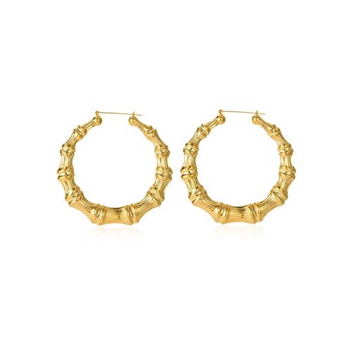 CULOVITY Gold-Plated Bamboo Hoop Earring Hollow Casting Hip-Hop Statement Fashion Jewelry for Women Dia 65mm - Image 1