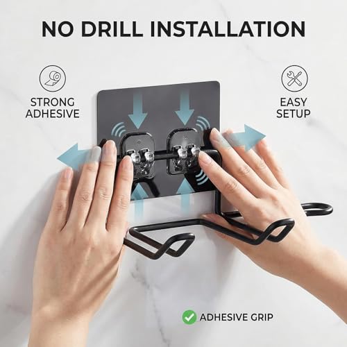 VIHAX Wall Mounted Hair Dryer Rack Hairdryer Shelf Holder Storage Hanger Bathroom Iron Shelf Home Organizer,Wall Mount Drill Free Mount Trace Less Hair Dryer Rack Adhesive (Black) - Image 4
