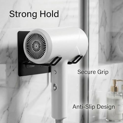 VIHAX Wall Mounted Hair Dryer Rack Hairdryer Shelf Holder Storage Hanger Bathroom Iron Shelf Home Organizer,Wall Mount Drill Free Mount Trace Less Hair Dryer Rack Adhesive (Black) - Image 3