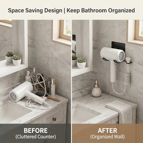 VIHAX Wall Mounted Hair Dryer Rack Hairdryer Shelf Holder Storage Hanger Bathroom Iron Shelf Home Organizer,Wall Mount Drill Free Mount Trace Less Hair Dryer Rack Adhesive (Black) - Image 5