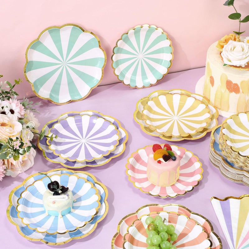 Skybooly 144 Pcs 48 Guests Pastel Striped Plates and Napkins Party Supplies Scalloped Pastel Carnival Paper Plates Napkins Colored Disposable Tableware for Baby Bridal Shower Wedding - Image 5
