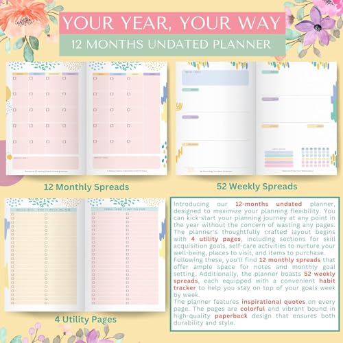 LAURET BLANC 12Months Undated Planner, 12 Monthly Spreads, 52 Weekly Spreads, Habit Tracker, Utility Pages, Paperback (The Secret Of Getting Ahead Is Getting Started) - Image 2