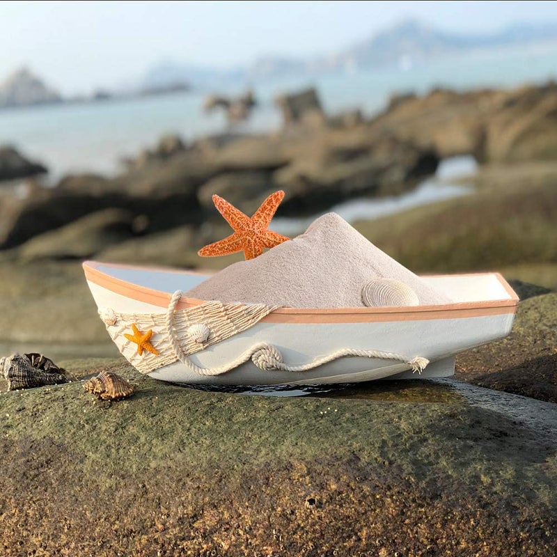 Waroom Home Beach Theme Display Tray with Star Fish, Sea Shell and Fish Net, 17''L, White Wooden Nautical Boat Decor, Miniature Model - Image 5