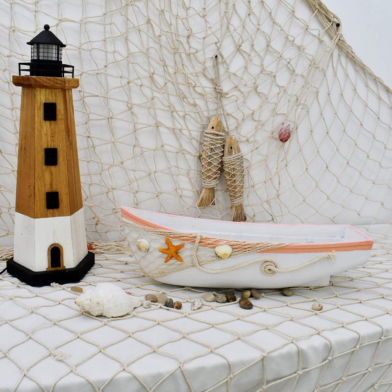 Waroom Home Beach Theme Display Tray with Star Fish, Sea Shell and Fish Net, 17''L, White Wooden Nautical Boat Decor, Miniature Model - Image 3