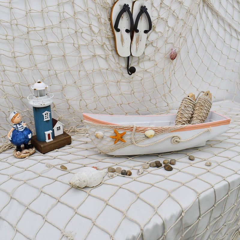 Waroom Home Beach Theme Display Tray with Star Fish, Sea Shell and Fish Net, 17''L, White Wooden Nautical Boat Decor, Miniature Model - Image 4