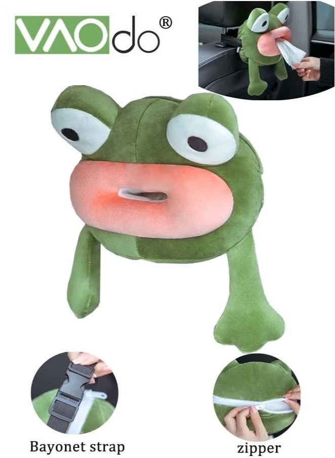 فاو دو حامل مناديل كارتون ضفدع السيارة مع مشبك، علبة مناديل معلقة زينة سيارة قطيفة لحمام المنزل للسيارة 28*33 سم أخضر - Image 2