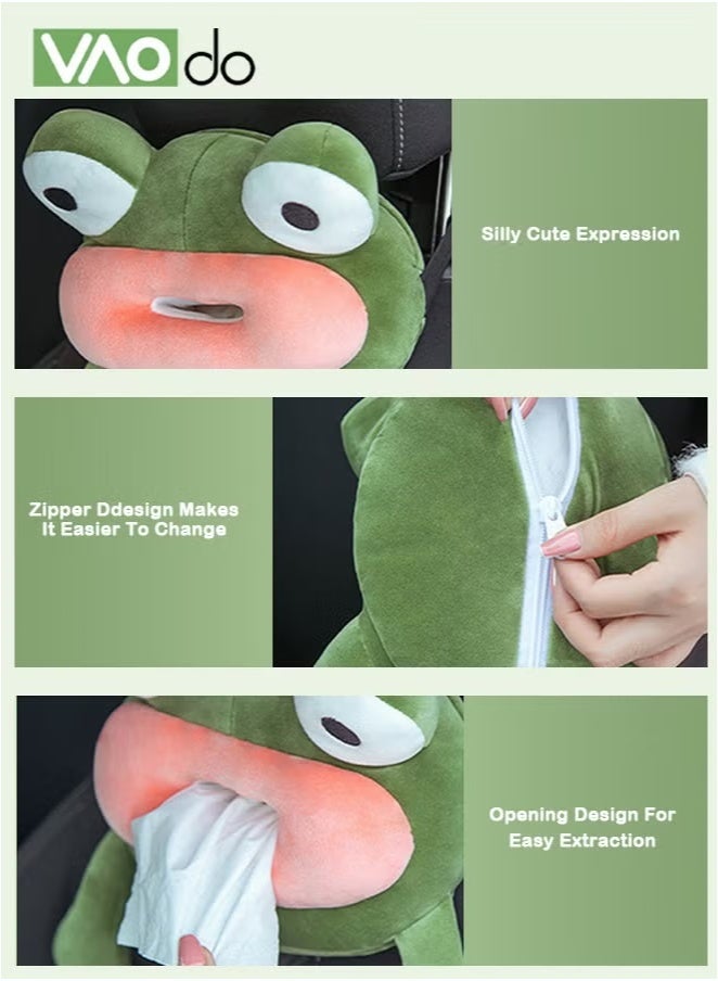 فاو دو حامل مناديل كارتون ضفدع السيارة مع مشبك، علبة مناديل معلقة زينة سيارة قطيفة لحمام المنزل للسيارة 28*33 سم أخضر - Image 4