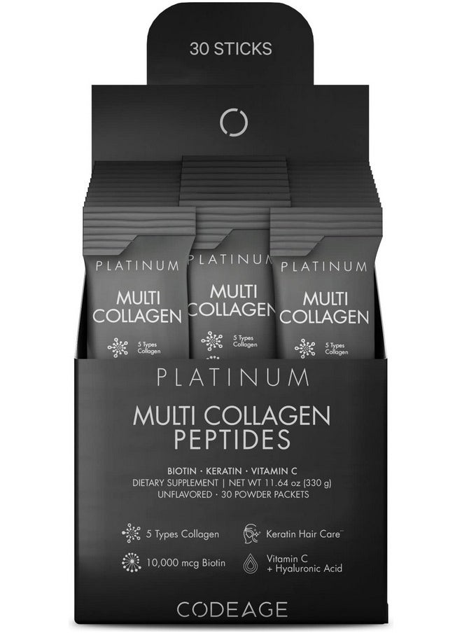 كوديدج مكمل غذائي Codeage Multi Collagen and Biotin 10,000 mcg + Vitamin C, B6 & D3, Keratin, Hyaluronic Acid, Niacin, 18 Amino Acids - عبوات ستيك - 5 أنواع من بروتين الكولاجين - 30 عبوة مسحوق  - Image 1