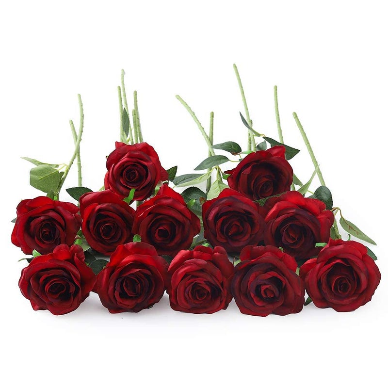 Laelfe 12 PCS Artificial Flowers Roses Silk Flowers Fake Long Stem Artificial Roses for Home Wedding Bathroom Kitchen Decorations Gradient Burgundy