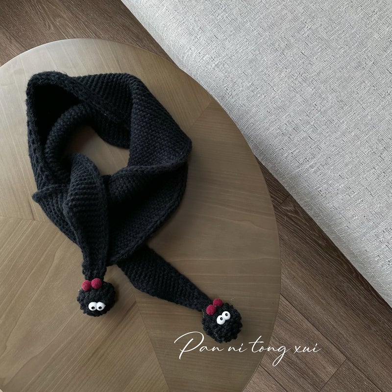 Kids Triangle Knit Scarf with Pom-Poms Winter Warm Lake green  - Image 3