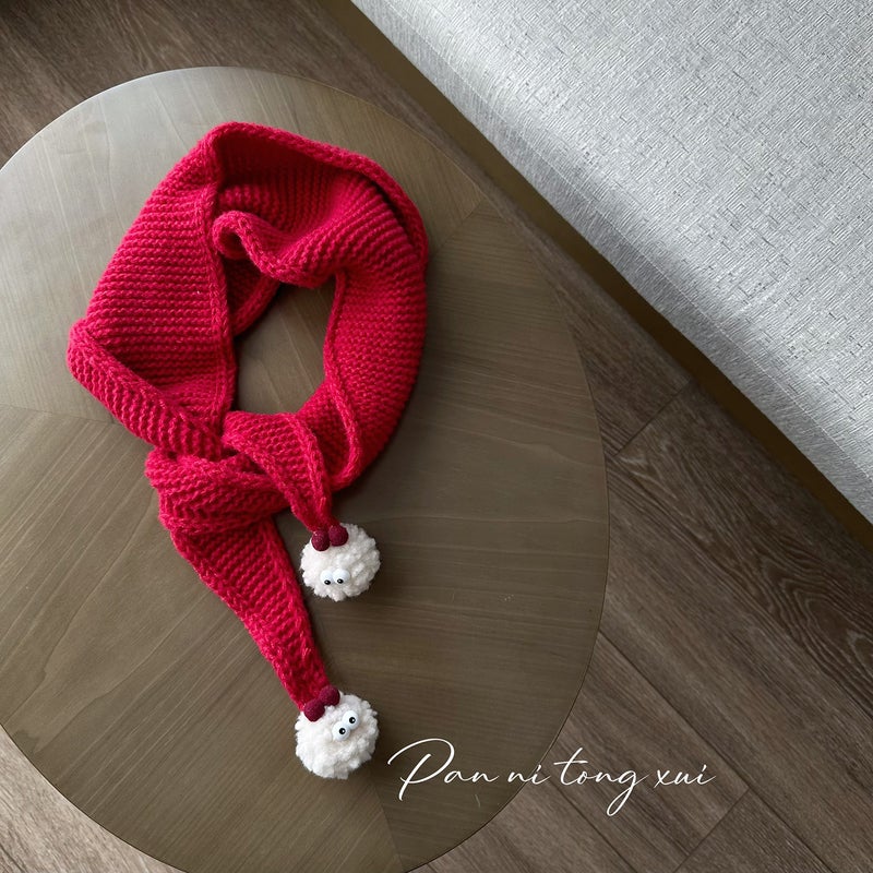 Kids Triangle Knit Scarf with Pom-Poms Winter Warm Lake green  - Image 2