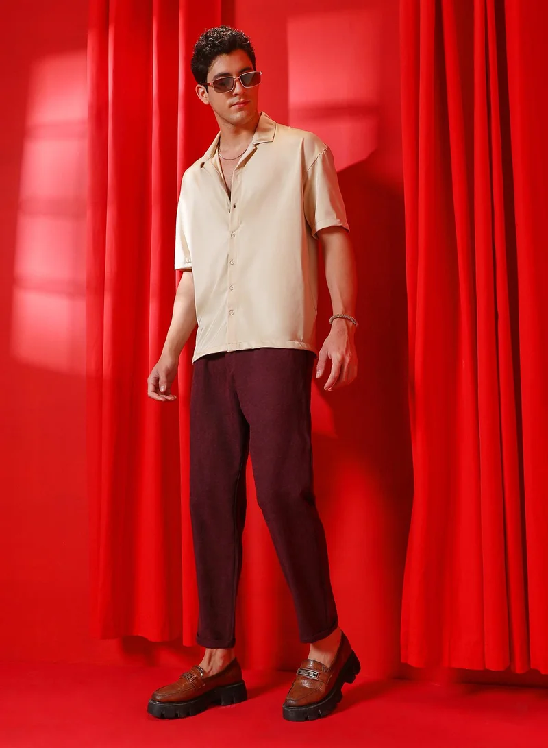 Campus Sutra Men's Champayne Gold Satin Oversized Shirt
