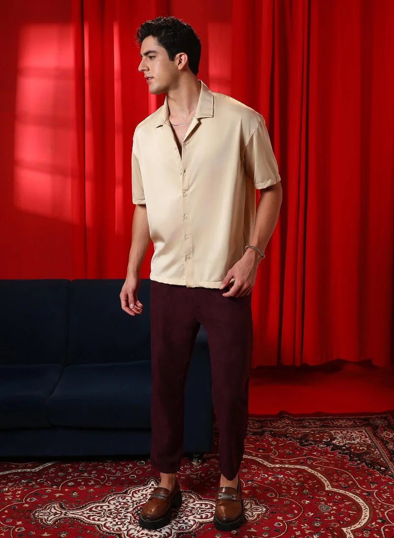 Campus Sutra Men's Champayne Gold Satin Oversized Shirt