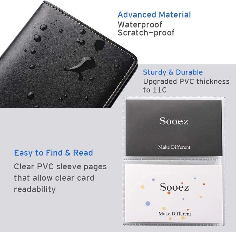 Sooez Leather Professional Business Card Book Holder Organizer, 240 Capacity Credit Card Booklet, PU Name Cards Holder Storage File for Men Women, 7.7 x 4.5 Inch, Black - Image 2
