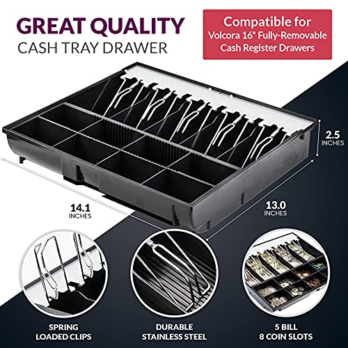 Volcora Cash Drawer Tray - 14.1 x 13 x 2.5 Inch Cash Register Insert - 5 Bill / 8 Coin Replacement Cash Tray - Stainless Steel Currency Compartment - 16" Cash Registers with Fully Removable Tray - Image 2