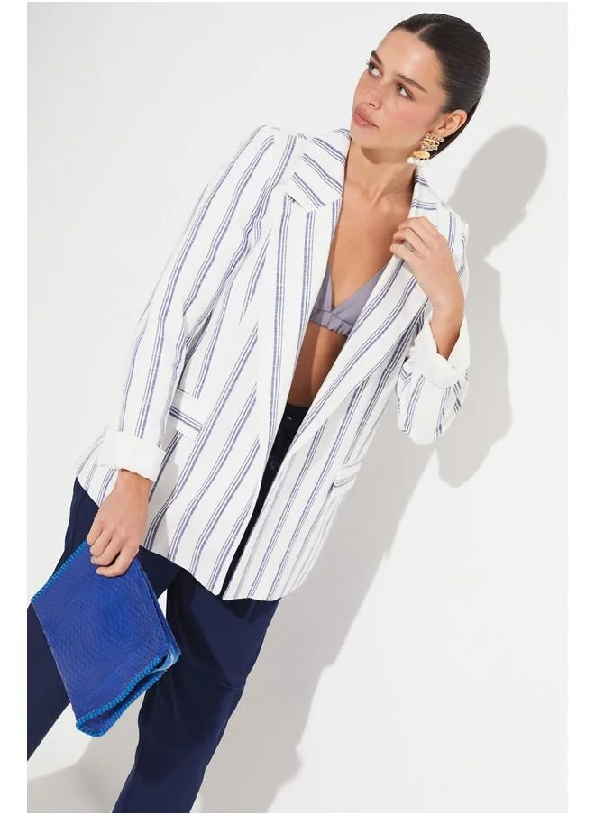 جون June 100% Cotton Striped Blazer Jacket White - Saxe