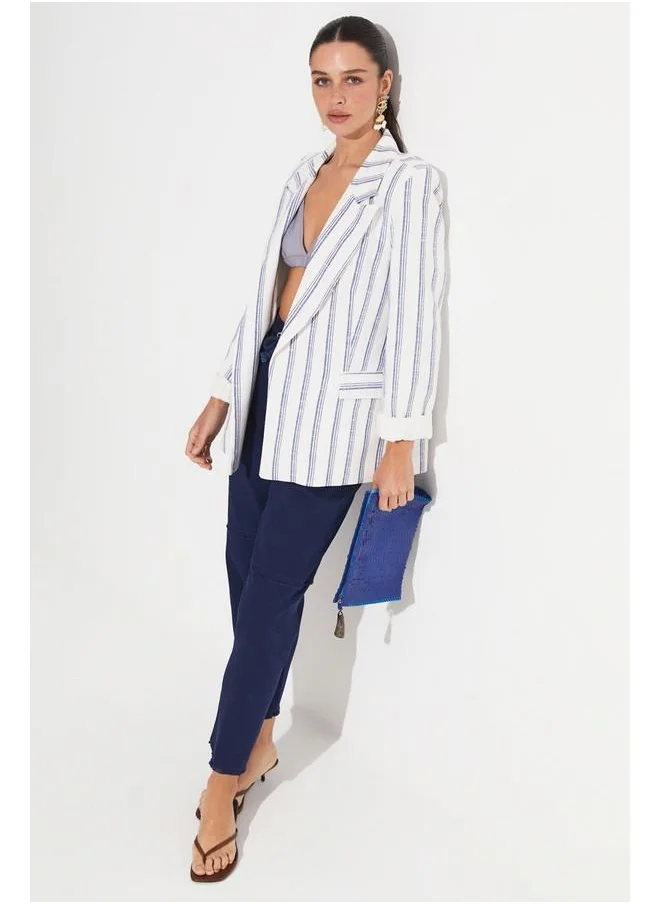 جون June 100% Cotton Striped Blazer Jacket White - Saxe