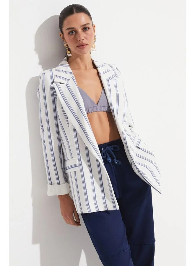 جون June 100% Cotton Striped Blazer Jacket White - Saxe