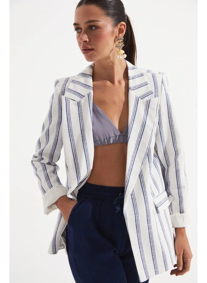 جون June 100% Cotton Striped Blazer Jacket White - Saxe