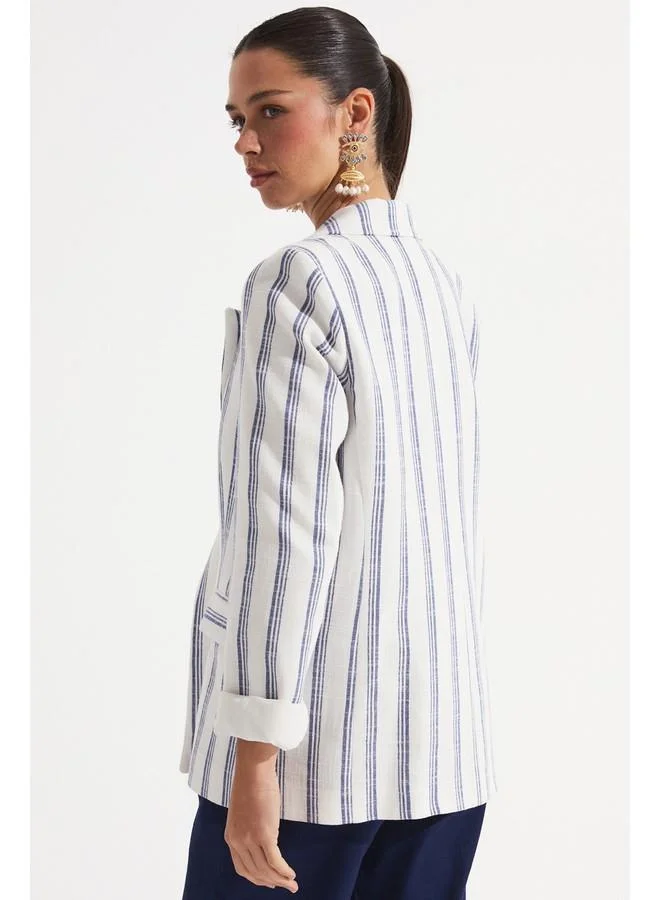 جون June 100% Cotton Striped Blazer Jacket White - Saxe