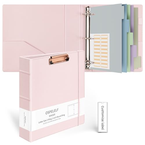 Ospelelf 3 Ring Binder with Clipboard 2 Inch Leather Binder for Letter Size (8.5" x 11"), Clipboard Binder with 5 Tab Dividers Back to School Supply, Pink - Image 1