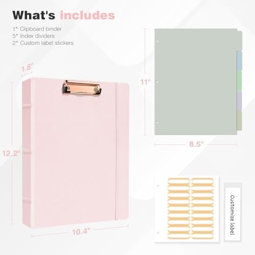 Ospelelf 3 Ring Binder with Clipboard 2 Inch Leather Binder for Letter Size (8.5" x 11"), Clipboard Binder with 5 Tab Dividers Back to School Supply, Pink - Image 3