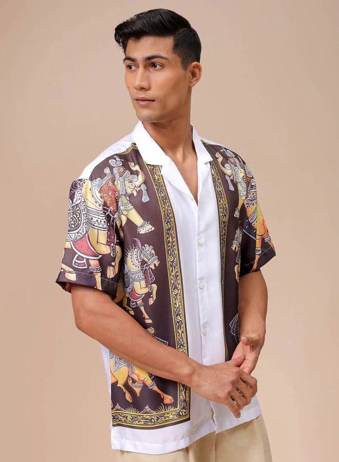 The Indian Garage Co Men Relaxed Fit Indie Printed Half Sleeves Cuban Collar Resort Wear Shirt