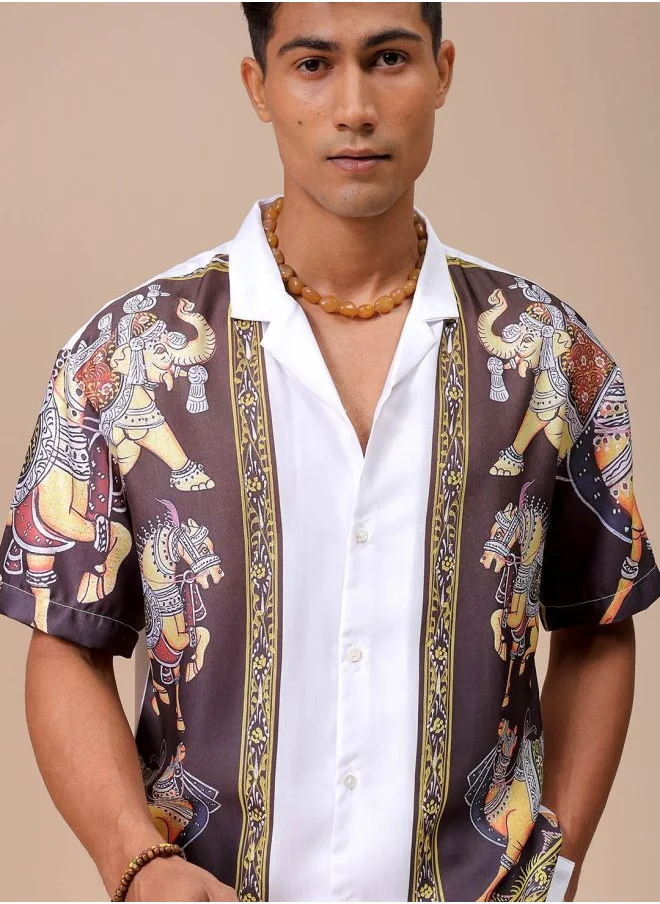 شركة المرآب الهندية Men Relaxed Fit Indie Printed Half Sleeves Cuban Collar Resort Wear Shirt
