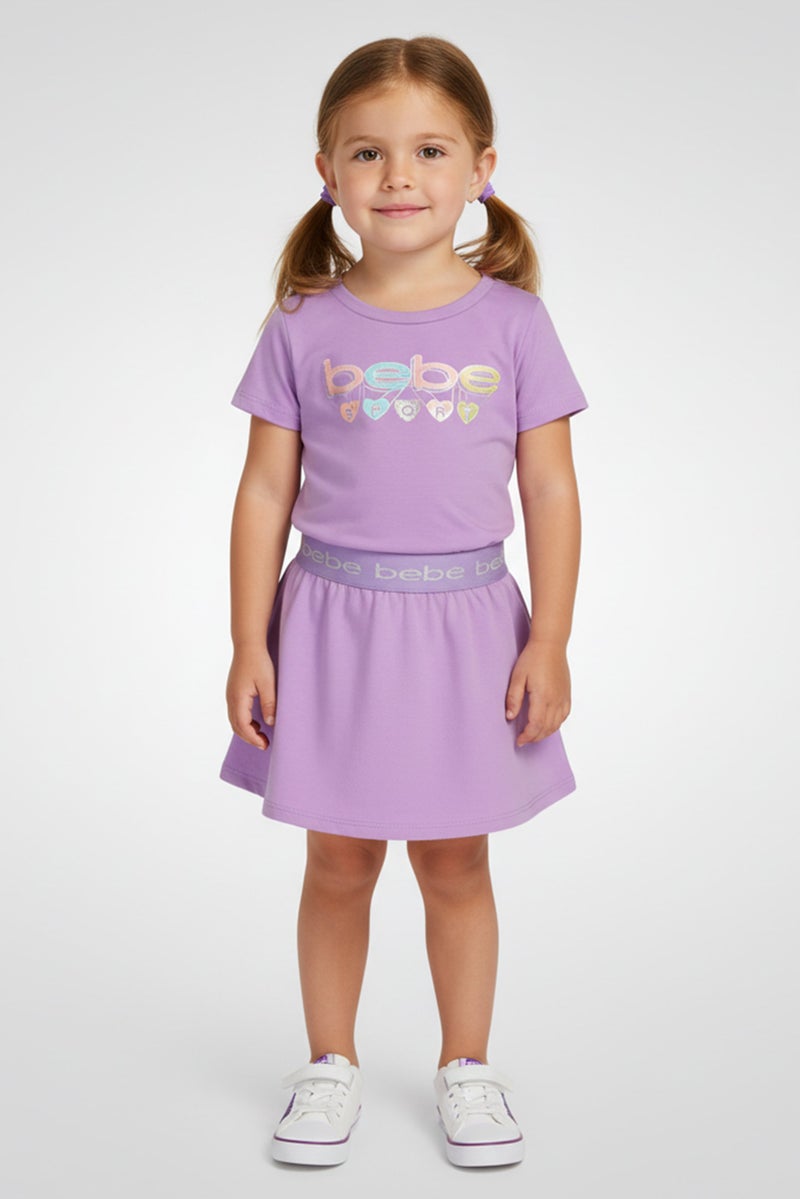 bebe Kids Girl 2 Piece Sportswear Fit Short Sleeve Training Top And Skort, Purple - Image 1