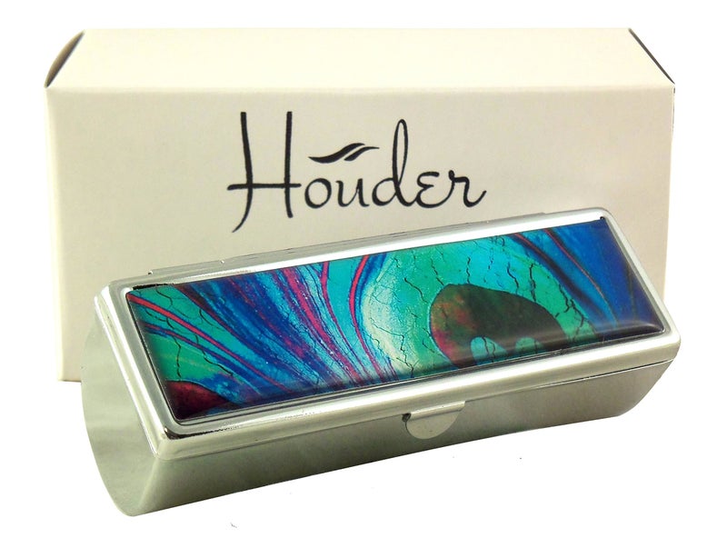 Houder Designer Lipstick Case with Mirror for Purse - Decorative Lipstick Holder with Gift Box - Velvet Lined - Protect Your Lipsticks in Style (Peacock Feather) - Image 1