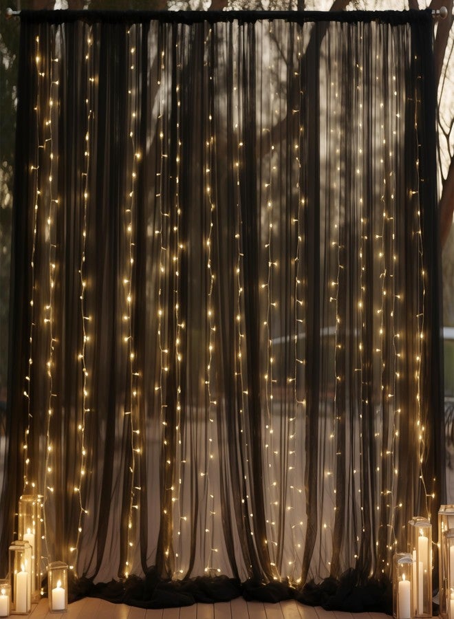 Shillance 10ft x 10ft Black Backdrop Curtain Panels with Lights String for Parties, Sheer Tulle Wedding Backdrop Drapes for Baby Shower Birthday Party Home Decorations - Image 1