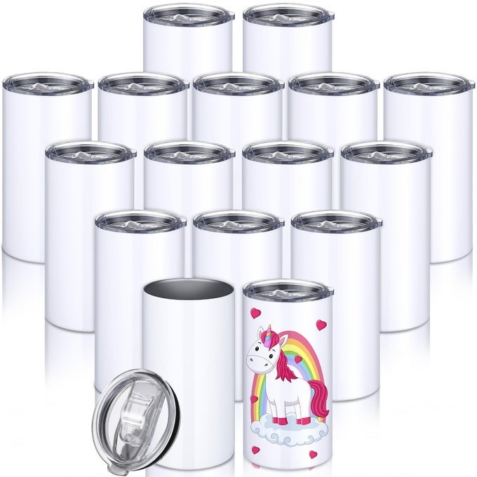 16 PACK 12 OZ BLANKS TUMBLER WHITE STAINLESS STEEL SUBLIMATION STRAIGHT SKINNY SLIM TUMBLERS WITH LIDS DOUBLE WALL VACUUM INSULATED WATER CUPS FOR DIY GIFT COFFEE TEA BEVERAGES