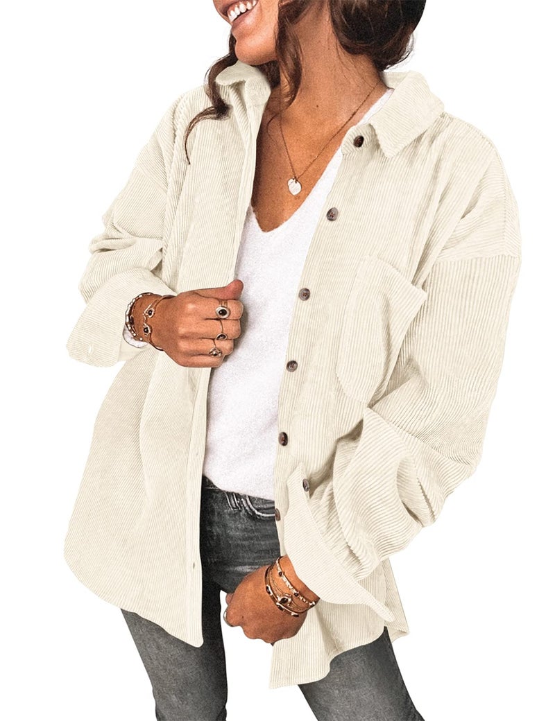 Saslax Womens Corduroy Shirt Long Sleeve Oversized Button Up V Neck Blouses Tops Loose Casual Ribbed Jackets with Pockets Beige M - Image 1